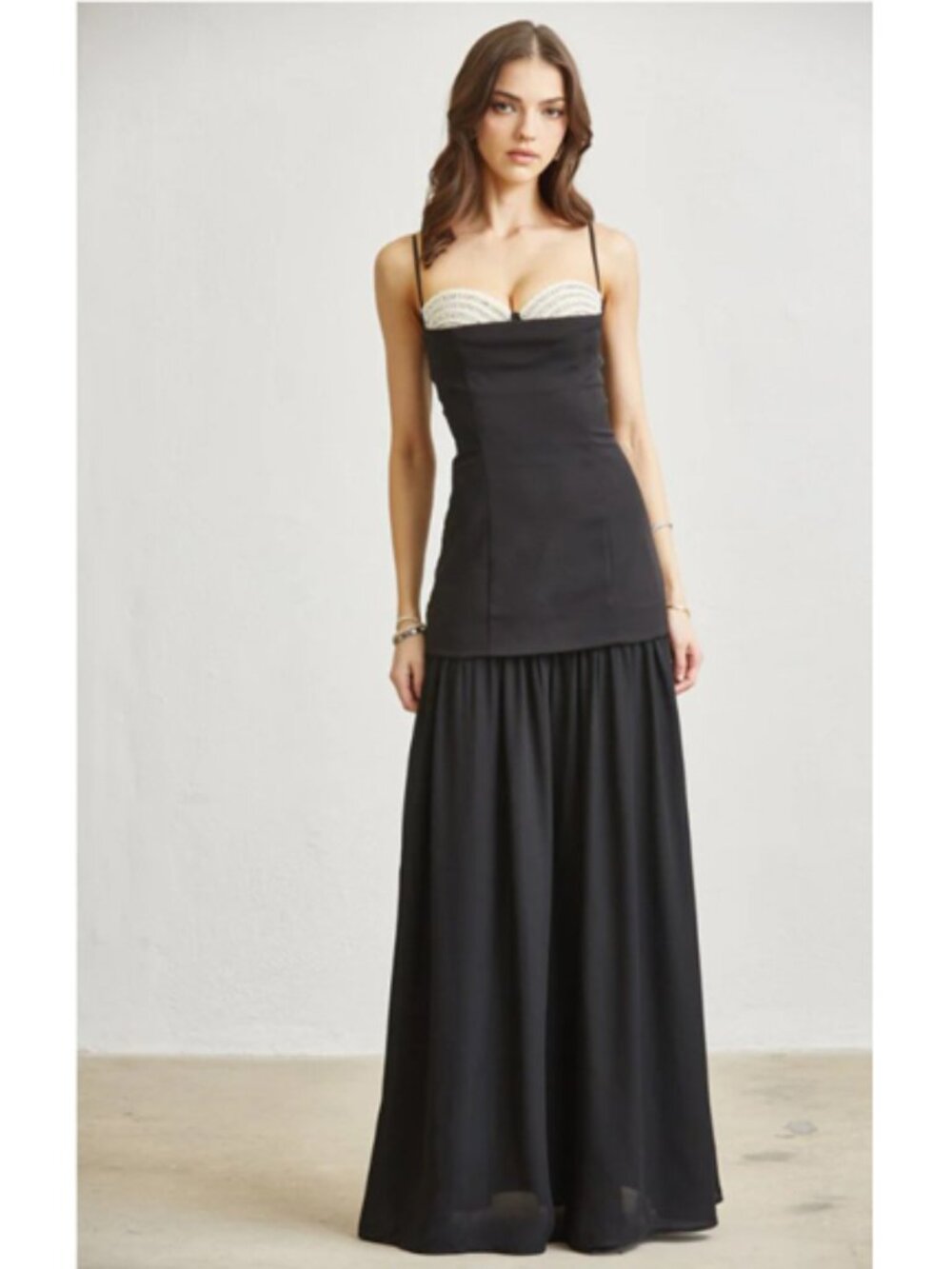 Black & Ivory Corset Maxi Dress with Rhinestone & Pearl Applique Peekaboo Bust